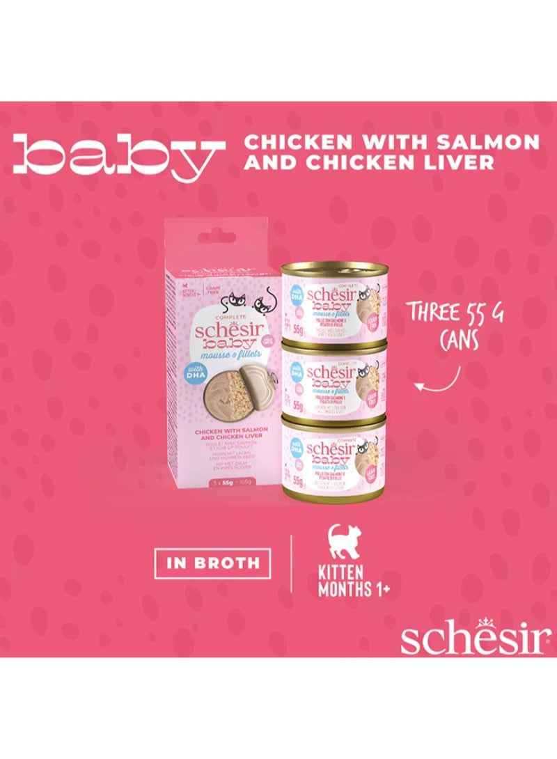 Schesir Baby Mousse & Fillets – Chicken with Salmon & Chicken Liver – Grain-Free Complete Food for Kittens 1 Month+ – 3 × 55 g (165 g) - Image 2